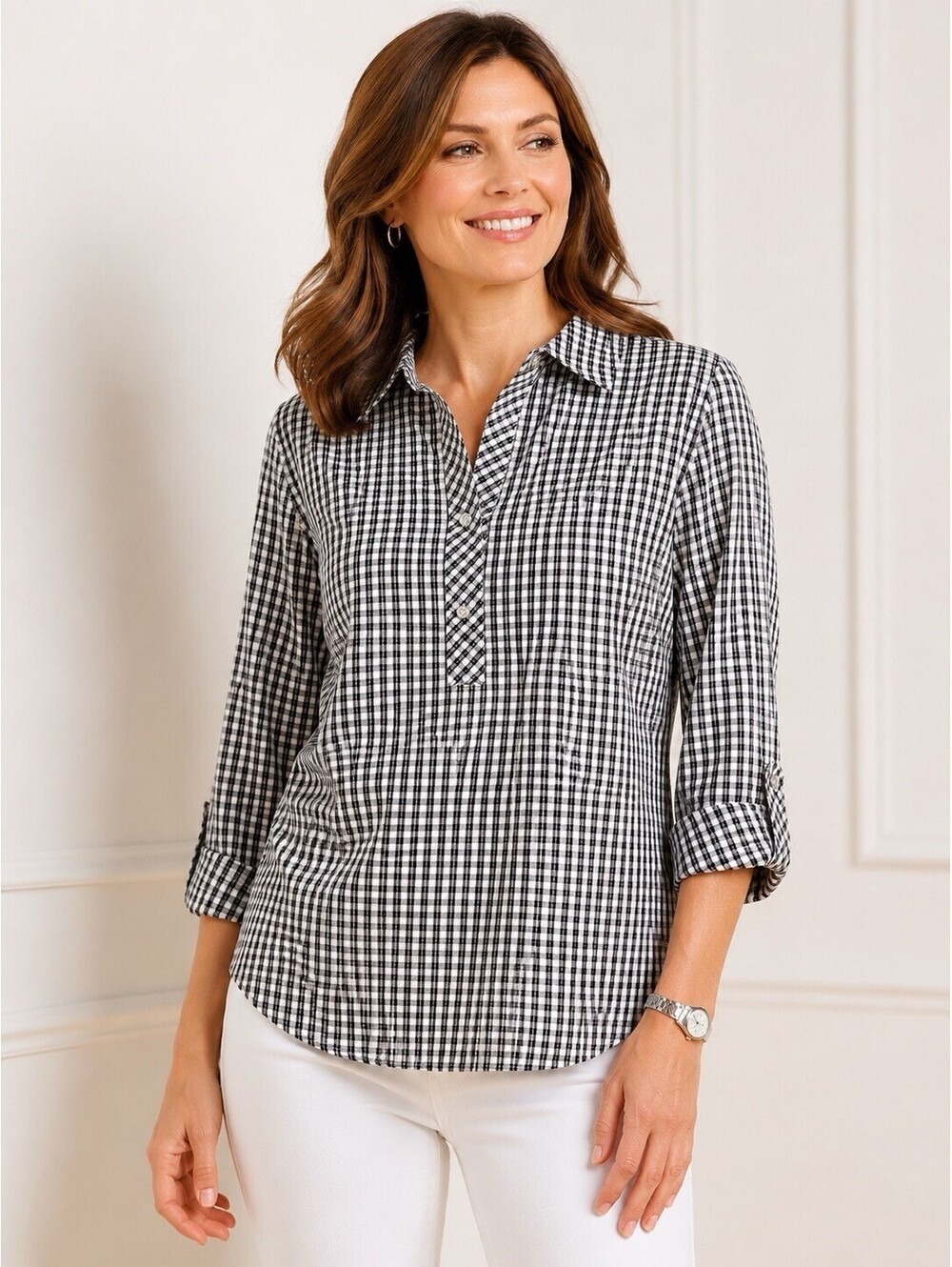 Talbots Petite Non-Iron Metallic Plaid Popover Shirt 10P Jeweled Buttons no iron